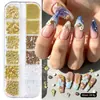 Venda Quente Transfronteiriça Conjunto de Contas de Aço Douradas e Prateadas, Pérolas e Ornamentos Coloridos de Cinco Pétalas para Nail Art com 12 Compartimentos Atacado em Estoque