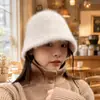 Chapéu Bucket Outono e Inverno Feminino Cobertura Facial de Pelo de Coelho Branco Chapéu de Pescador Liso Estilo Coreano Japonês À Prova de Frio Quente Pelúcia Chapéu de Pescador