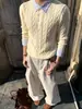 Suéter de Tricô em Ponto Trançado Duas Peças Estilo Old Money para Homens, Temporada de Outono, Suéter Listrado Patchwork, Sensação Casual de Alto Padrão, Peça Superior com Gola Polo