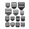 El fabricante suministra accesorios de plástico para equipaje en stock: Cinta de plástico de 12-51 mm, curva plana, hebilla en T ajustable de cuatro posiciones