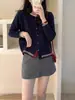Tejido de hilo de núcleo, chaqueta cárdigan de punto con bloques de color estilo británico para mujer, top suelto de cuello redondo para otoño