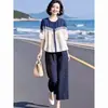 Atuendo de Verano para Mamá: Camisa Suelta Patchwork Chic Vintage de Manga Corta para Mujeres Tallas Grandes con Cintura Elástica y Pantalones de Pierna Ancha Trendy de Nueve Pulgadas