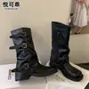 Botas Martin de cuero genuino hasta la pantorrilla para mujer, nuevo estilo otoño e invierno 2026, estilo británico, con aumento interno de altura, tacón grueso, caña plisada, botas de montar