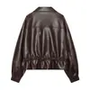Jaqueta de Couro PU com Gola Reversível Retrô para Mulheres, Jaqueta de Couro Curta Biker com Cordão na Cintura, Casaco de Couro Casual para Outono e Inverno