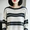 Suéter de punto con cuello redondo y raya de contraste para mujer, estilo perezoso, suéter holgado, suave y pegajoso, manga larga, top versátil de capa base para otoño e invierno