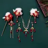 Horquilla Antigua de Año Nuevo para Niños Accesorios para el Cabello de Flor Roja Estilo Chino Festivo para Niña Pequeña Super Hada Tocado con Borla Oscilante