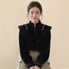 Novo Top Feminino Preto de Veludo Estilo Chinês com Gola Alta e Babados, Inverno 2026, Corte Solto, Emagrecedor, Blusa de Alta Qualidade Estilo Nacional