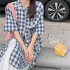 Traje Artístico para Mujer Verano Japonés y Coreano Elegante Suelto Manga Corta Midi Camisa a Cuadros con Vestido Largo Blanco