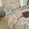 Conjunto de Quatro Peças Estilo Renda Veludo Leite Classe A Outono e Inverno Espessado Quente Lençol de Cima Lençol com Elástico Capa de Edredom Roupa de Cama para Casa 4