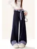 Talla Grande Gordo mm Pajarita Empalme a Cuadros Jeans Pantalones de Pierna Ancha Sueltos de Cintura Alta Diseño de Primavera y Verano para Mujer