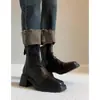 Versión de Piel de Vaca de Botines Franceses de Tacón Grueso Real para Mujer 2025 Nuevos Botines Individuales de Otoño e Invierno Tacón Alto Elásticos Ajustados Botines Chelsea