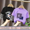 Camiseta de Manga Larga con Parches de Algodón Puro para Niños Primavera y Otoño Niños Pequeños Niños Medianos y Grandes Ropa Nueva para Niños Top de Rayas Falso de Dos Piezas