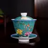 Conjunto de Tigelas Esmaltadas de Três Peças Estilo Palácio com Tampa, Conjunto de Chá Kung Fu Cerâmico Vintage, Xícara de Tigela de Chá Esculpida em Filigrana, Jingdezhen