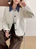 Cárdigan de punto de lana de doble cara con solapa de mezclilla patchwork estilo europeo, chaqueta suéter de colorblock nueva para otoño/invierno 2026 para mujer