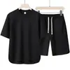 Traje nuevo de manga corta, camiseta de cuello redondo talla grande, de alta gama, color liso, manga corta, conjunto ligero y cómodo de dos piezas con pantalones cropped
