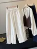 Calça Cropped Feminina Algodão Lavado Japonês Coreano Elástico Cintura Alta Solta Perna Larga Outono Nova Babado Versátil Emagrecedora Casual