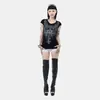 Camiseta de Manga Corta con Cuello en V Estampado de Corona y Ala Estilo Y2K Chica Picante Top Ajustado Estilo Gótico Retro Oscuro Y2K