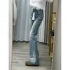Jeans Azul Claro Lavados Arrugados de Tiro Bajo Microcampana para Mujer, Nuevo Estilo de Verano, Elásticos y Adelgazantes, Pantalones Petite Bootcut
