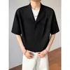 Camisa de Manga Curta de Verão para Homens, Corte Solto, Lapela, Botões de Pedra Tinta Noturna Preto, Seda Gelada, Respirável, Não Amassa, Resistente a Rugas, Toque de Luxo, Camisa Social