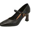 Sapatos Mary Jane de salto grosso e bico quadrado francês para mulheres 2024 Novo estilo retrô Fivela de uma palavra Salto alto de couro macio e raso