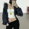 Moletom com Capuz Forrado em Fleece e Gola de Pelo Real Removível para Mulheres Outono e Inverno Nova Jaqueta Moletom Curta Estilo Retro Americano Top