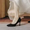 2025 Outono Novo Bico Fino Camurça Preto Salto Agulha Slip-On Roupa Externa Elegante Versátil Roupa de Trabalho Sapatos de Salto Alto