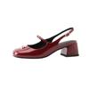 Zapatos de Mujer Camelia de Piel de Oveja Roja Salpicada Verano Nuevos Punta Redonda Tacón Grueso Baotou Estilo Mary Jane Sandalias de Una Tira Traseras Abiertas