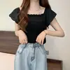 Camiseta de Ganchillo Calado de Manga Corta con Encaje WZXSK Petite, Elegante Top Francés de Cuello Cuadrado, Corte Ajustado, Estilo Corto, Verano