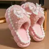 Chinelos de algodão com laço para meninas, quentes e antiderrapantes, para uso interno e em casa, de pelúcia e espessados para outono e inverno, chinelos de algodão de inverno
