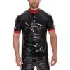 Camisa Polo Masculina Europeia e Americana Transfronteiriça de Couro Patente Brilhante Manga Curta Couro Macio Gola Lapela Modeladora Justa Boate Ktv Performance