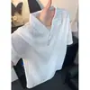 Camisa Polo de Tricô Listrada Vertical Manga Curta Estilo Old Money para Homens, Textura Gelada, Ombro Normal, Gola Polo, Camiseta de Manga Meia Alta de Alto Padrão