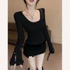 [Venta al por mayor transfronteriza] 2025 Top sexy sexy con cuello en U para mujer Camiseta de manga larga gris Camiseta base que se puede usar por dentro y por fuera