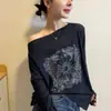 Camiseta de Verano Estampada Hombros Descubiertos para Mujer, Versátil Ropa de Verano, Estilo Nuevo, Delgada, Protectora del Sol, Elegante Top Casual