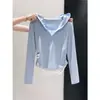 Camiseta com Capuz Color Block Falsa Duas Peças Manga Longa para Mulheres na Primavera e Outono Cintura Franzida Camisa Básica Meio Zíper Top