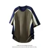 2026 Verão Nova Camiseta Manga Curta Raglan Patchwork Color Block Masculina Solta Esportiva Gola Redonda Manga Meia Manga Senso de Design