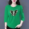 Comercio Electrónico Transfronterizo Comercio Exterior Estilo Mamá Mujeres de Mediana Edad Camiseta de Manga Tres Cuartos Holgada Casual Versátil Camiseta Base Superior