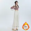 Pantalones Blancos Gruesos con Felpa Otoño e Invierno para Mujer Cintura Alta Sueltos Adelgazantes Pierna Recta Negra Largo al Suelo Pantalones de Pierna Ancha con Caída