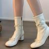 Botines Blancos de Tacón Grueso para Primavera y Verano 2026, Botines Elásticos Ajustados Estilo Ballet con Lazo, Botas de Mujer tipo Martin