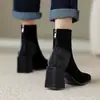 Botines Retro de Punta Cuadrada con Tacón Grueso para Mujer, Estilo Coreano 2026, Bloque de Color, Cierre Trasero, Botas de Tacón Alto Simples para el Trabajo
