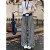 Estilo Preguiçoso de Outono Calça Casual Listrada Contrastante de Perna Larga para Mulheres Cintura Alta Cordão Caimento Comprimento Total Nova Solta Longa Tendência