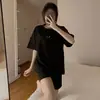 Pijama de gofre de manga larga para mujer, cara sonriente dulce, dos piezas, cuello redondo, ropa de casa linda para niña, pijama