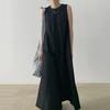 Vestido Coreano Chic Normcore Nicho Gola Redonda Solto Longo Acima do Joelho Vestido Colete Saia Longa para Mulheres