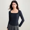 Camiseta base cálida de manga larga para mujer con almohadillas en el pecho, top de otoño de cuello bajo, nuevo body ajustado estilo chaleco blanco
