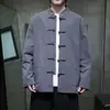 Camisa larga de manga larga de gran tamaño para hombre para primavera y otoño, estilo chino con cuello abotonado, chaqueta tipo traje Tang, corte holgado, color liso, camisa casual de algodón y lino