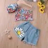 Traje de Niña Nuevo Verano Hombros Descubiertos Manga Corta + Pantalones Cortos de Mezclilla Conjunto de Dos Piezas Exportación Transfronteriza Ropa Infantil al por Mayor