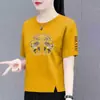 Comercio Exterior Transfronterizo Nuevo Estilo Chino Ropa para Mamá Camiseta de Manga Corta para Mujer de Mediana Edad Holgada Talla Grande Top de Media Manga para Mujer