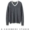 Suéter vintage com bloqueio de cores em fio floral, gola V, manga longa, em estoque, tricô casual de cashmere para inverno, tamanho grande, caimento solto