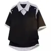 Camisa de Verano Nueva Estilo Hong Kong 2026 con Cuello y Camiseta Falsa de Dos Piezas de Manga Corta, Top Holgado de Media Manga Fresco y Elegante