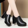 Sapatos de salto alto femininos com fundo grosso e boca profunda, camada única, sapatos de couro, primavera e outono, 2024, bico redondo, salto grosso, sapatos femininos da moda, plataforma à prova d'água, slip-on
