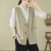 Fotos reales de un chaleco de algodón retro, una nueva colección de primavera con un diseño de cuello en V de color liso, un top sin mangas elegante y moderno para mujer